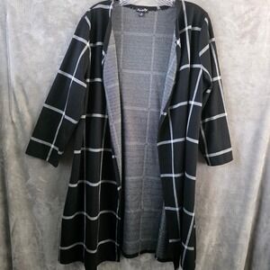 Fig & Blu Womens XL Black White Windowpane Plaid Open Front Longline Cardigan
